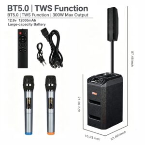 QS-840 Line Array Column PA Speaker - 8" Subwoofer, 4x2.5" Full Range Drivers,300W DJ Party Speaker with Built-in 12000mAh Battery